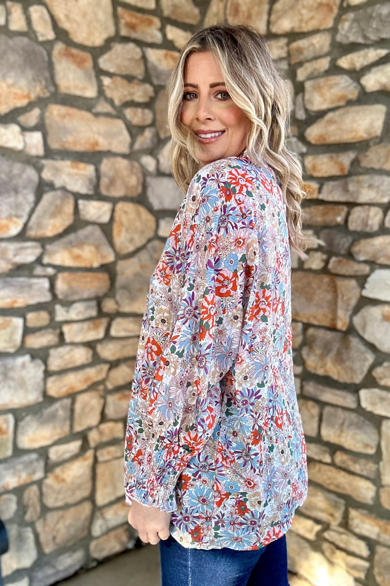 Floral Print Smocked Sleeve Blouse