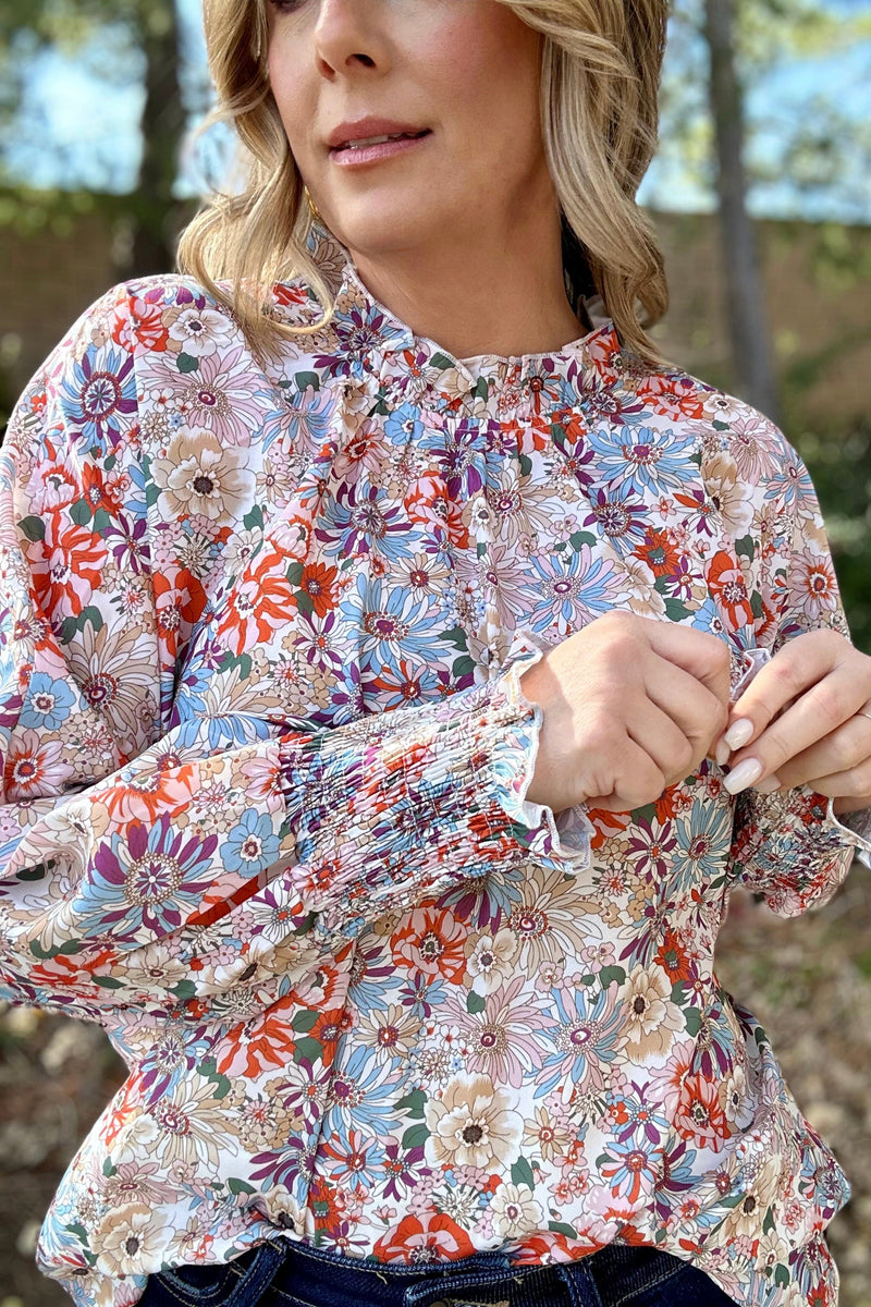 Floral Print Smocked Sleeve Blouse