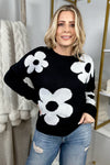 Black Big Flower Pattern Knit Sweater