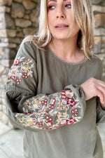 Happy To See You Floral Embroidered Blouse in Olive