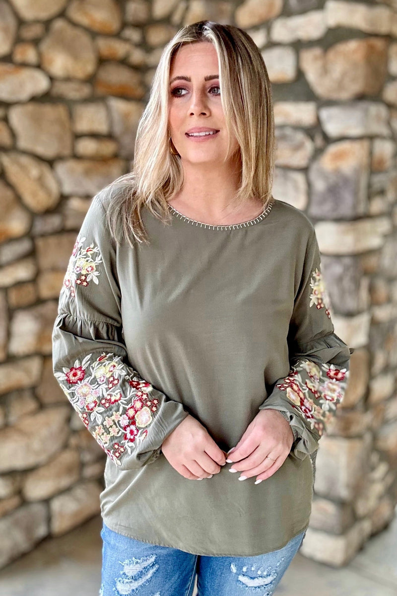 Happy To See You Floral Embroidered Blouse in Olive