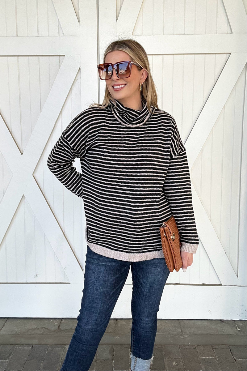 Striped Turtleneck Loose Sweater, Black