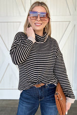 Striped Turtleneck Loose Sweater, Black