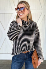 Striped Turtleneck Loose Sweater, Black