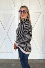 Striped Turtleneck Loose Sweater, Black