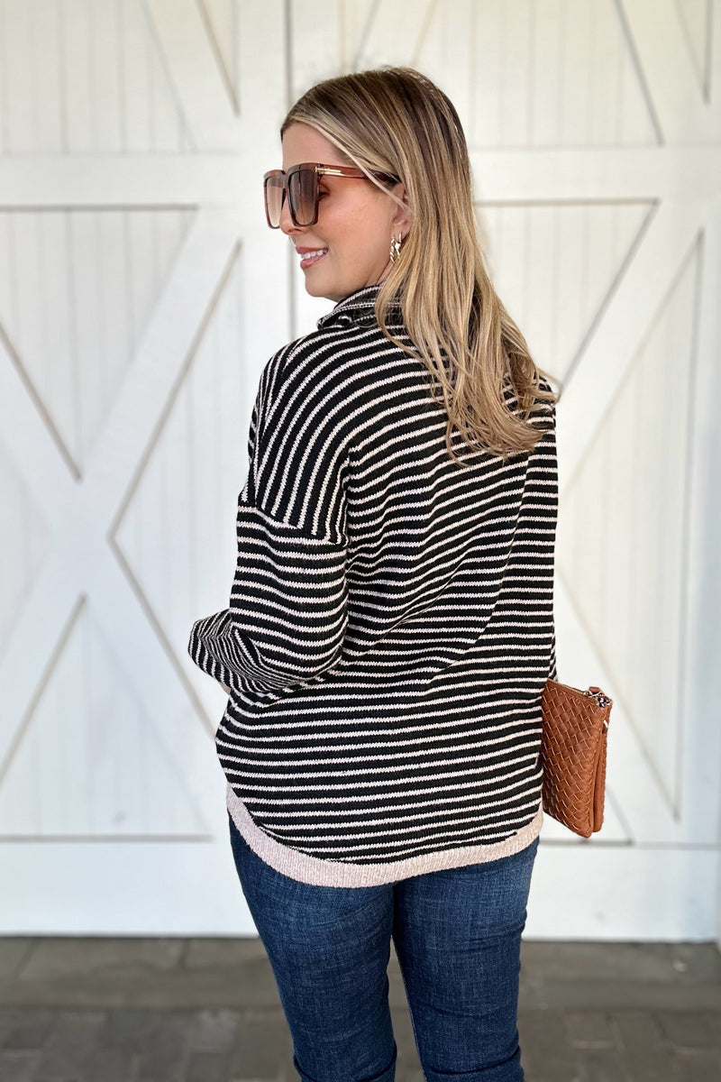 Striped Turtleneck Loose Sweater, Black