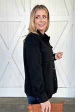 Quilted Flap Pocket Button Shacket, Black