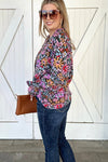 Multicolor Floral Print Ruffled Long Sleeve V-Neck Blouse