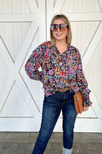 Multicolor Floral Print Ruffled Long Sleeve V-Neck Blouse