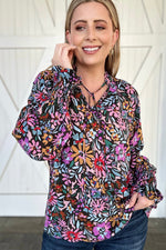 Multicolor Floral Print Ruffled Long Sleeve V-Neck Blouse