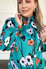 Floral Print Smocked Mock Neck Blouse, Green