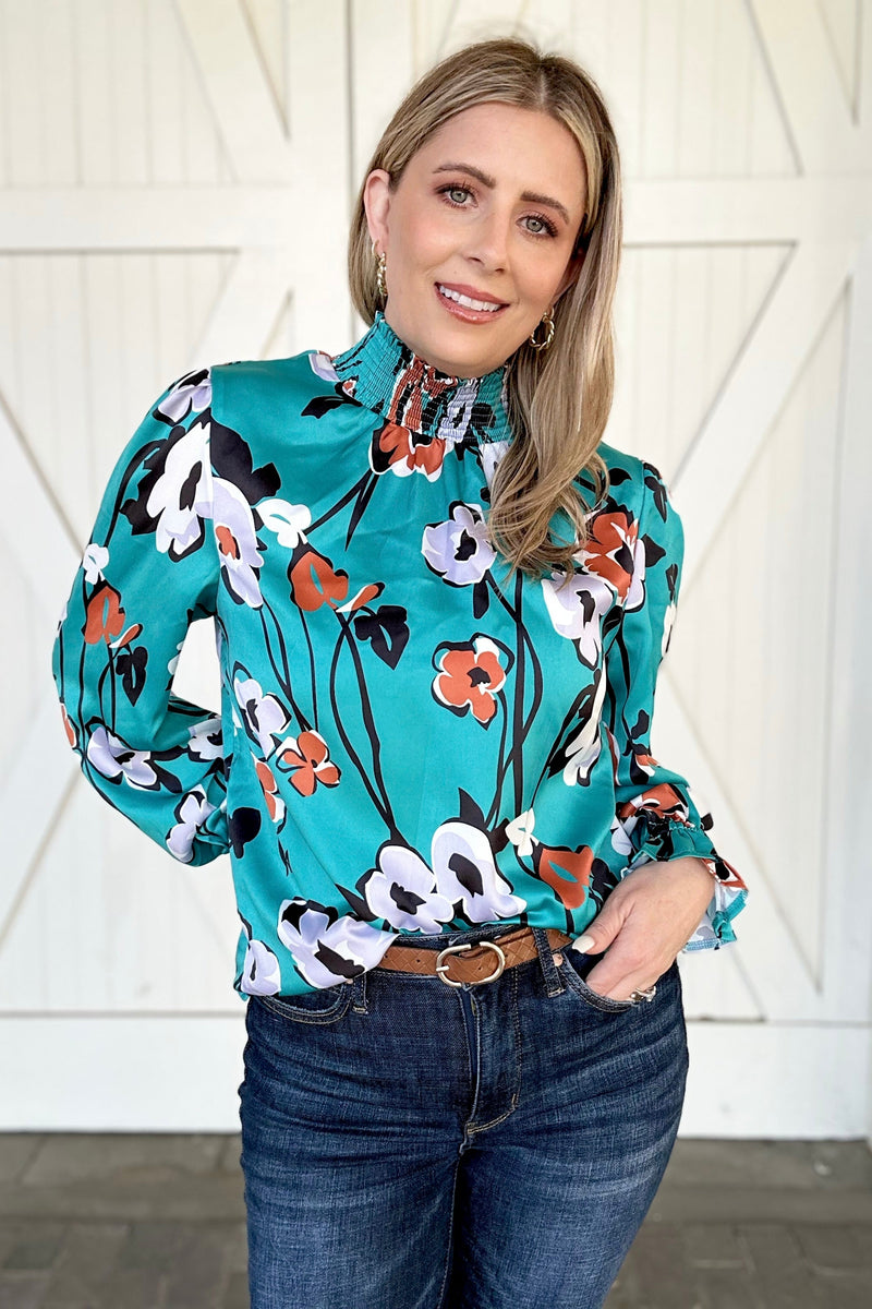 Floral Print Smocked Mock Neck Blouse, Green