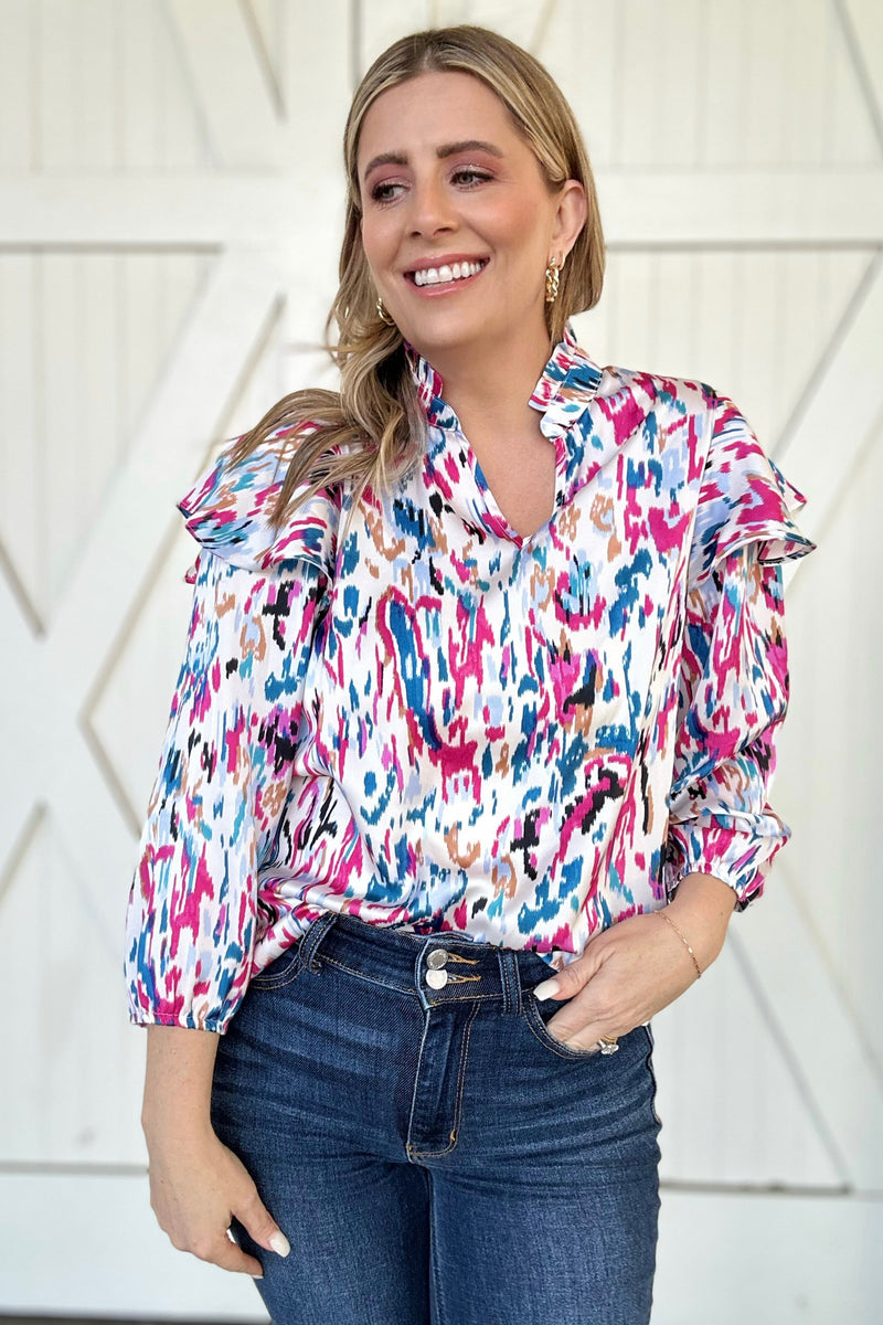 The Veronica Multicolor Print Ruffle Sleeve Blouse