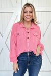 Soft Corded Flap Pocket Henley Top in Coral Pink