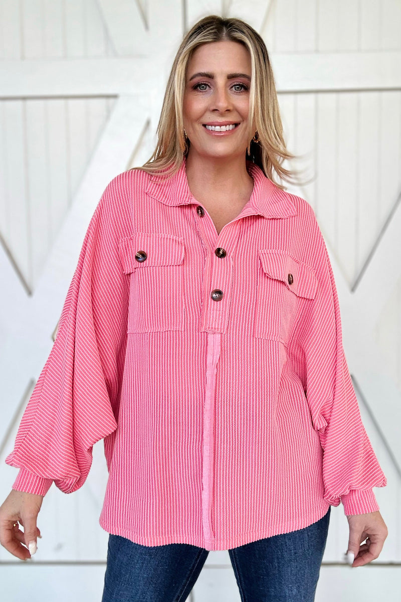 Soft Corded Flap Pocket Henley Top in Coral Pink