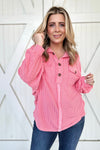 Soft Corded Flap Pocket Henley Top in Coral Pink