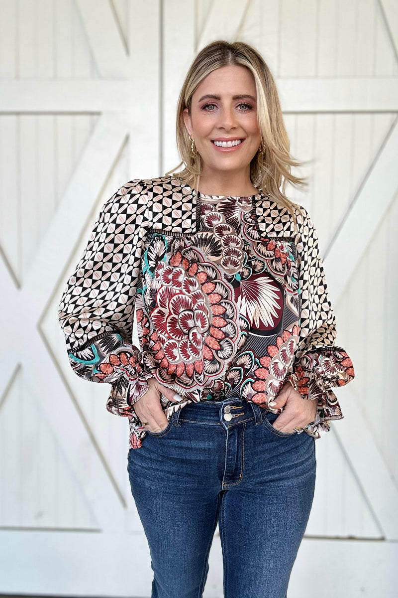 Black Mixed Floral Geometric Print Ruffled Long Sleeve Blouse