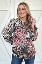 Black Mixed Floral Geometric Print Ruffled Long Sleeve Blouse