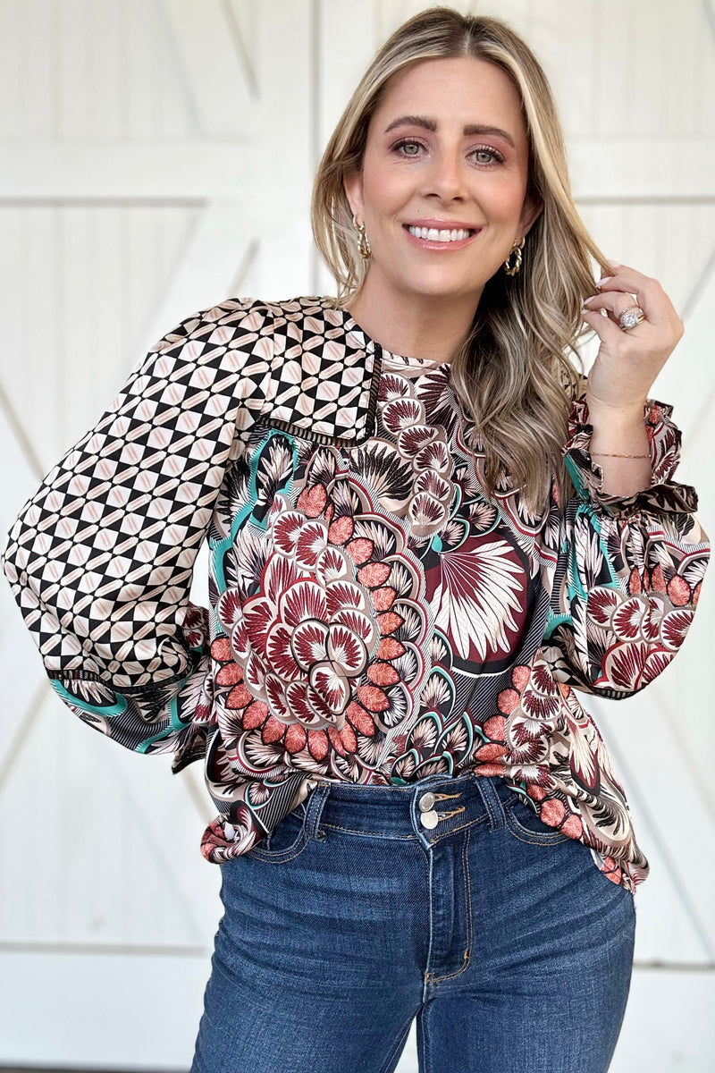 Black Mixed Floral Geometric Print Ruffled Long Sleeve Blouse