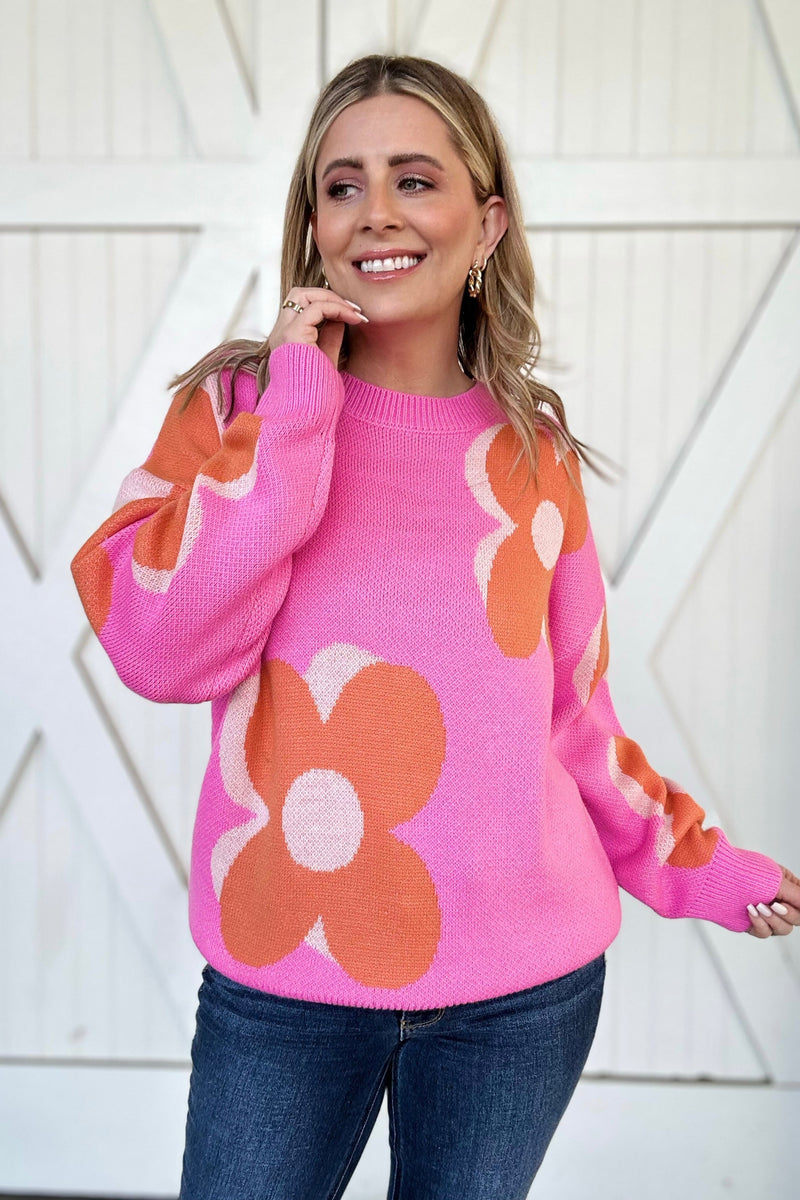 Flower Pattern Slouchy Sweater, Pink