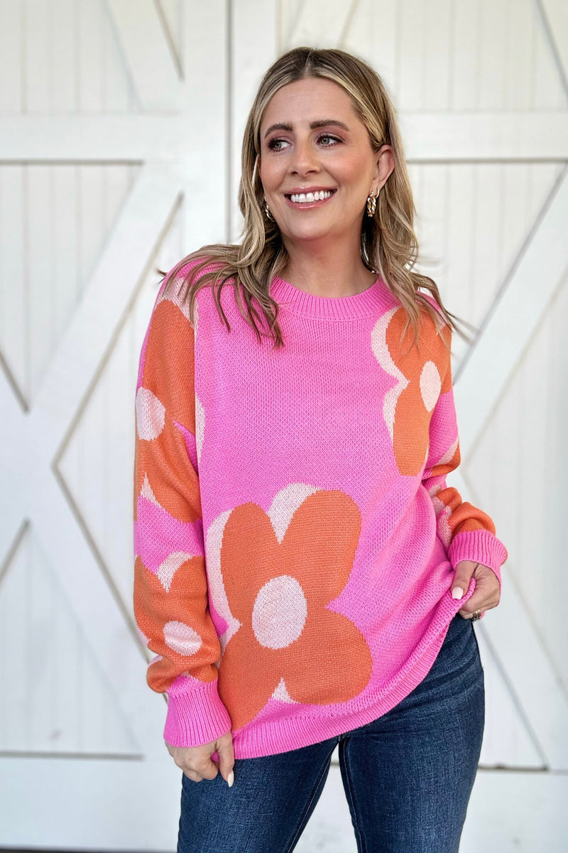 Flower Pattern Slouchy Sweater, Pink