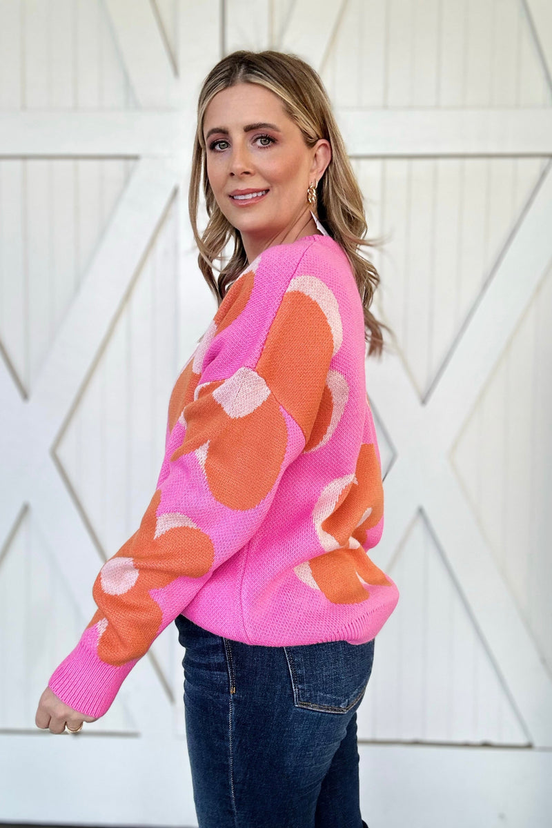 Flower Pattern Slouchy Sweater, Pink