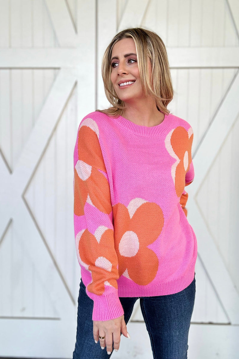 Flower Pattern Slouchy Sweater, Pink