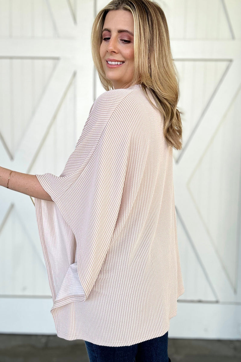 Lace Trim Ribbed Oversize Kimono in Beige