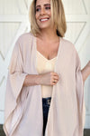 Lace Trim Ribbed Oversize Kimono in Beige