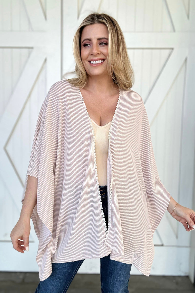 Lace Trim Ribbed Oversize Kimono in Beige