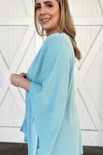 Lace Trim Ribbed Oversize Kimono in Light Blue