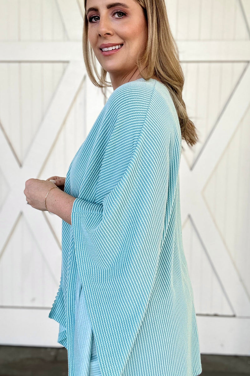 Lace Trim Ribbed Oversize Kimono in Light Blue