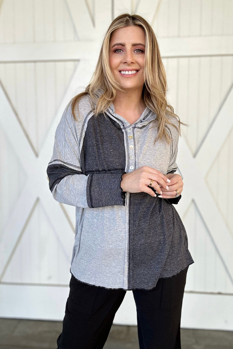 The Annie Henley Hoodie, Grey/Black