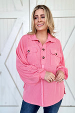 Soft Corded Flap Pocket Henley Top in Coral Pink