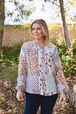 Multicolor Floral Patchwork Print Long Puff Sleeve Shirt