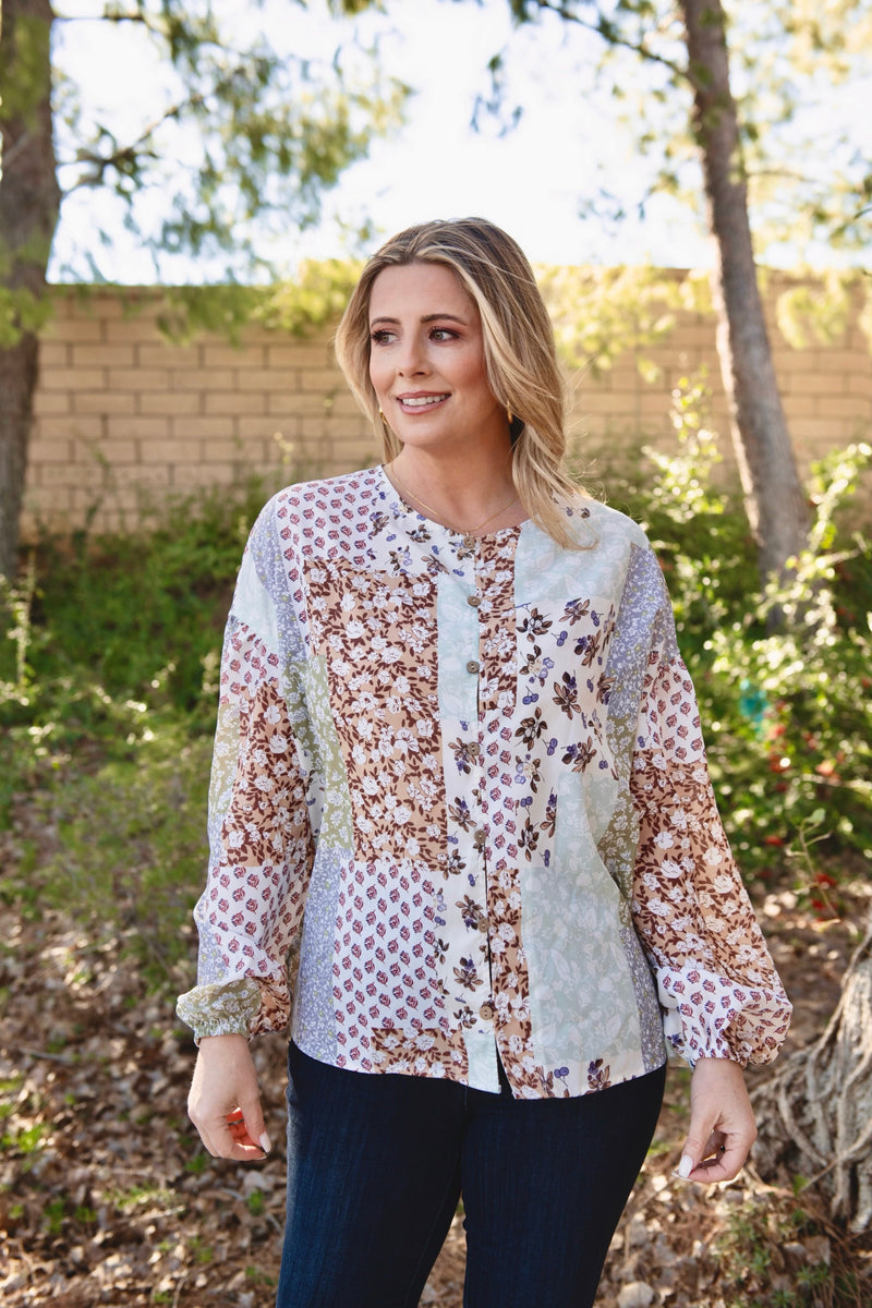 Multicolor Floral Patchwork Print Long Puff Sleeve Shirt