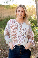 Multicolor Floral Patchwork Print Long Puff Sleeve Shirt