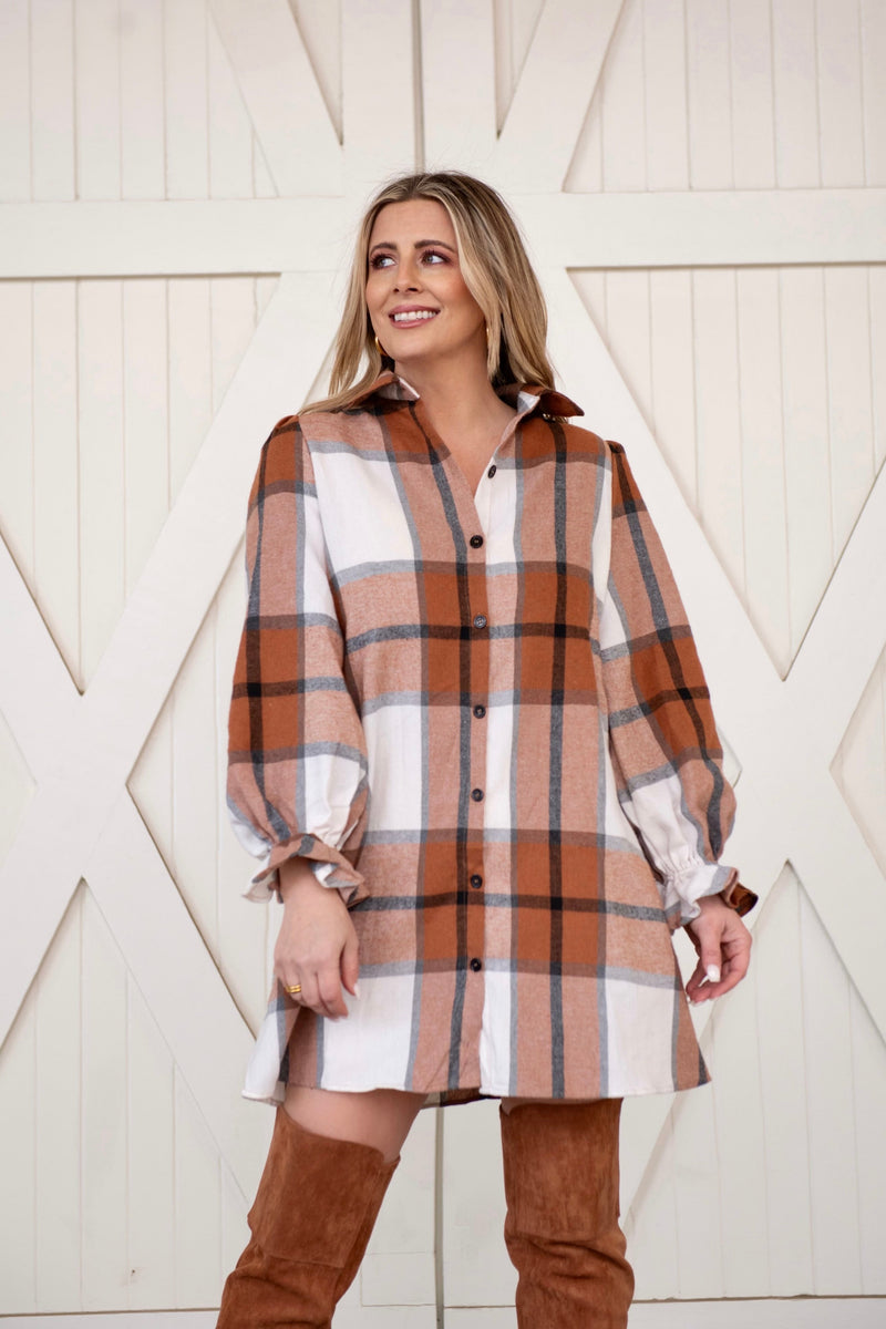 Plaid Collared Neck Ruffled Shirt Dress/Tunic