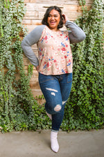 Raglan Floral Long Sleeved Top In Taupe