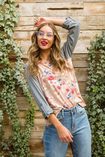 Raglan Floral Long Sleeved Top In Taupe