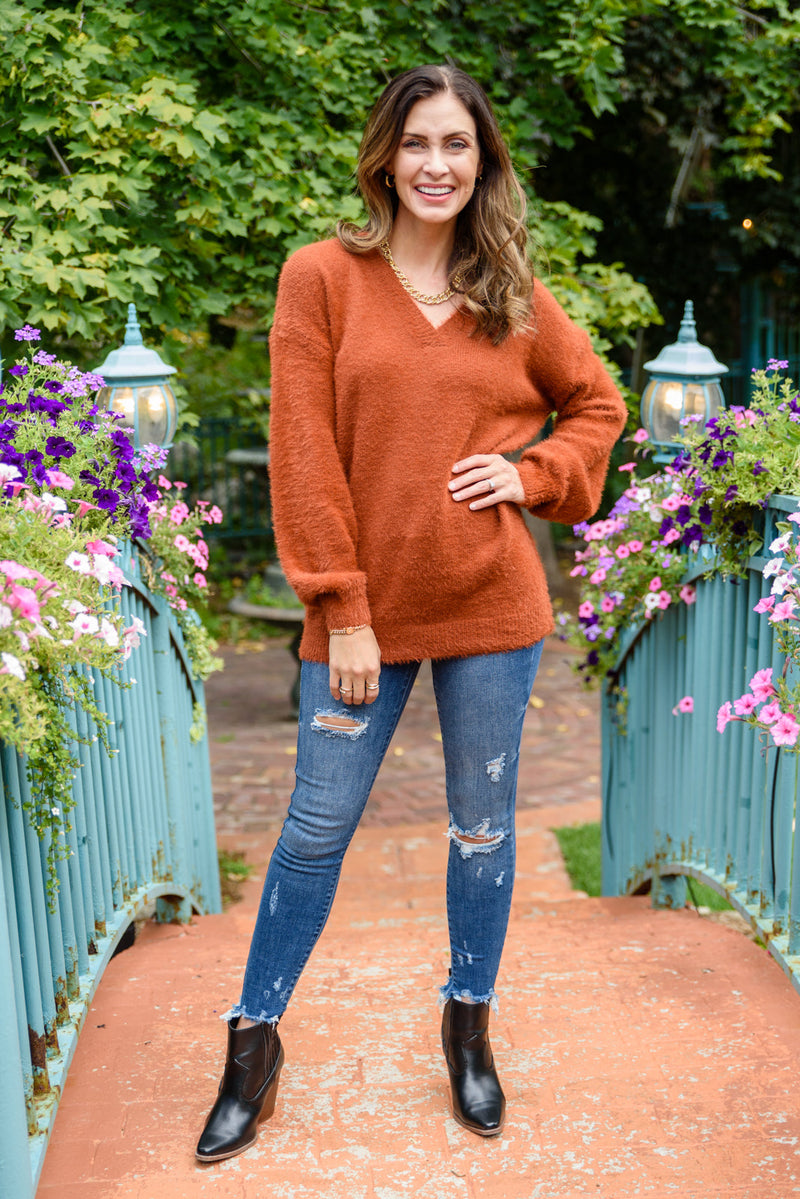 Sierra Eyelash Sweater Knit Top In Rust