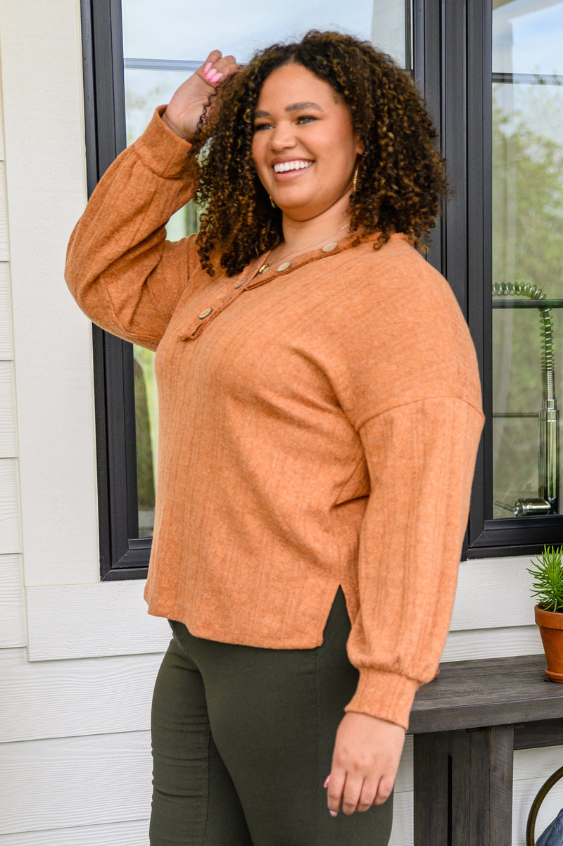 Speak Sweetly Textured Knit Top With Buttons In Rust