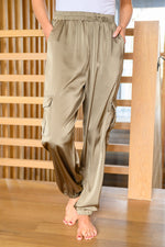 Steal The Night Olive Satin Cargo Joggers