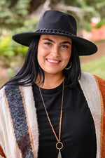 Zaya Black Wide Brim Fedora With Chain Trim